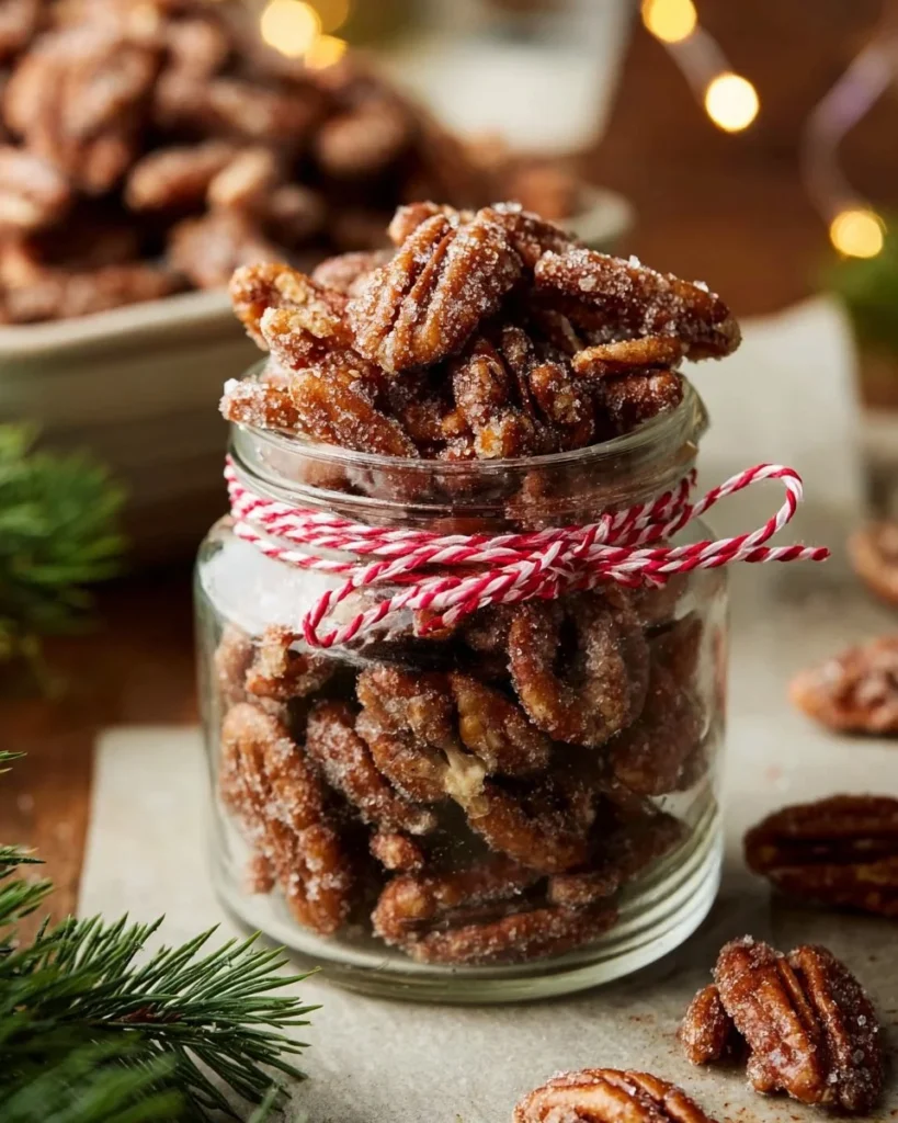 Bowl of cinnamon sugar pecans sprinkled with cinnamon and sugar