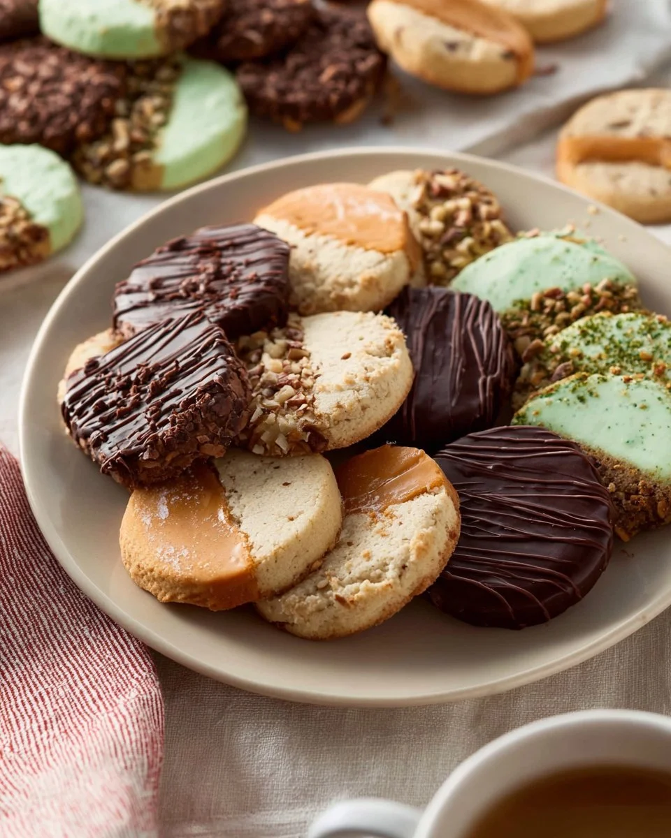 Assorted cookies topped with chocolate, nuts, and sprinkles on a wooden board.