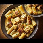 Creamy garlic butter chicken served with rigatoni in parmesan sauce