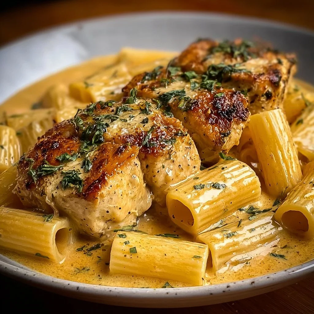 Creamy Garlic Butter Chicken served with Rigatoni in a rich Parmesan sauce