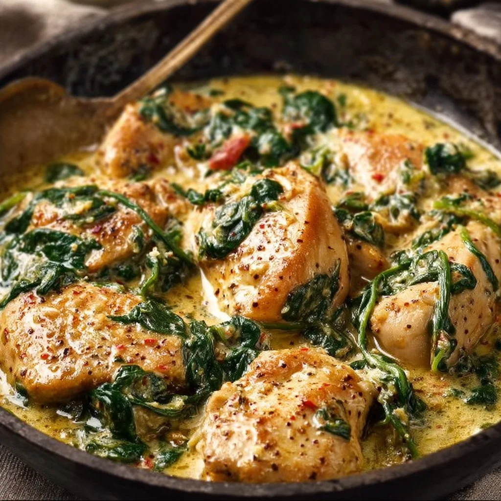 Creamy garlic butter chicken served with spinach on a plate