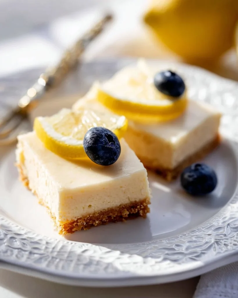 Delicious creamy lemon bars on a platter garnished with lemon slices.