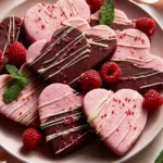 A plate of freeze-dried raspberry sugar cookies with vibrant red raspberries.