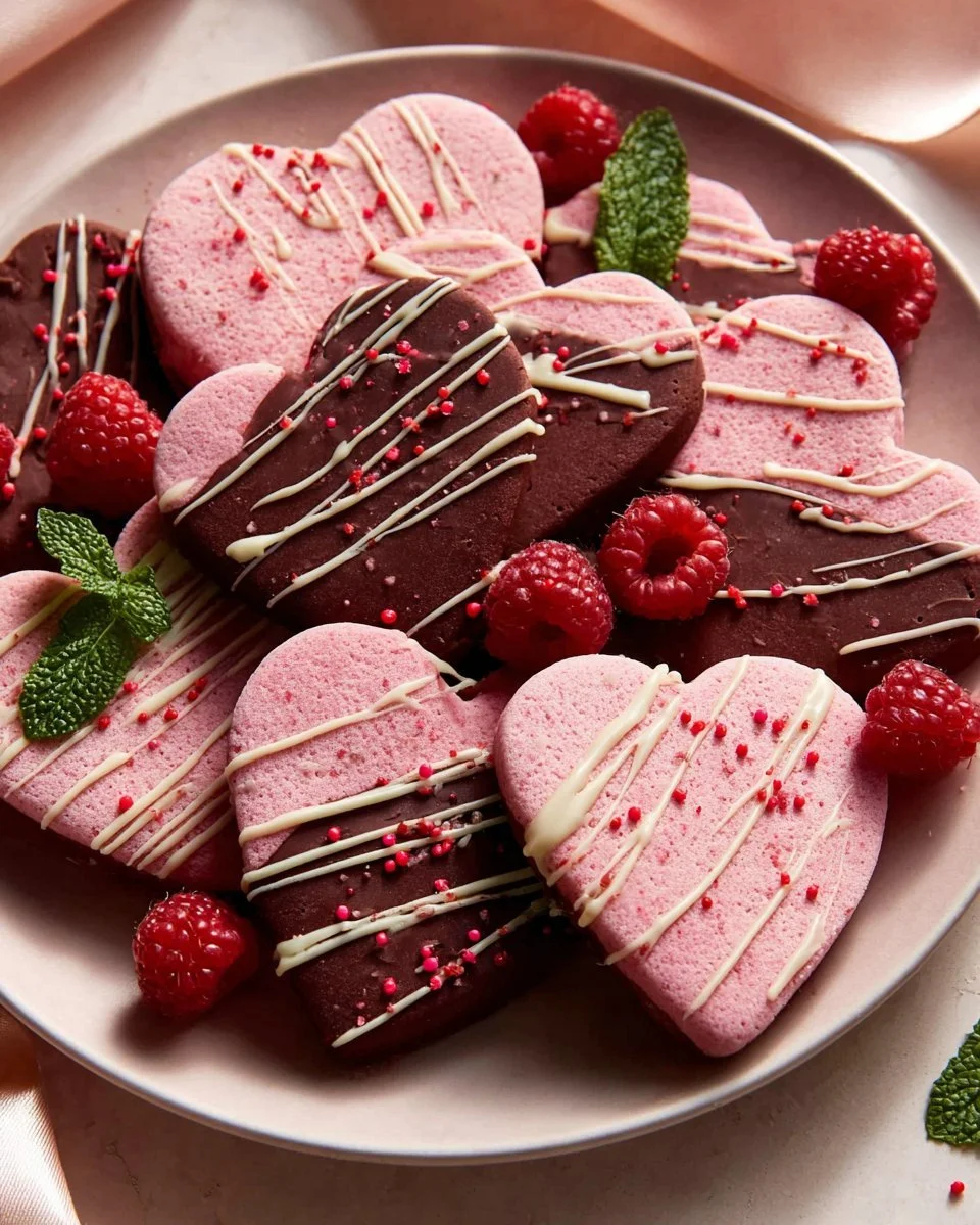 A plate of freeze-dried raspberry sugar cookies with vibrant red raspberries.