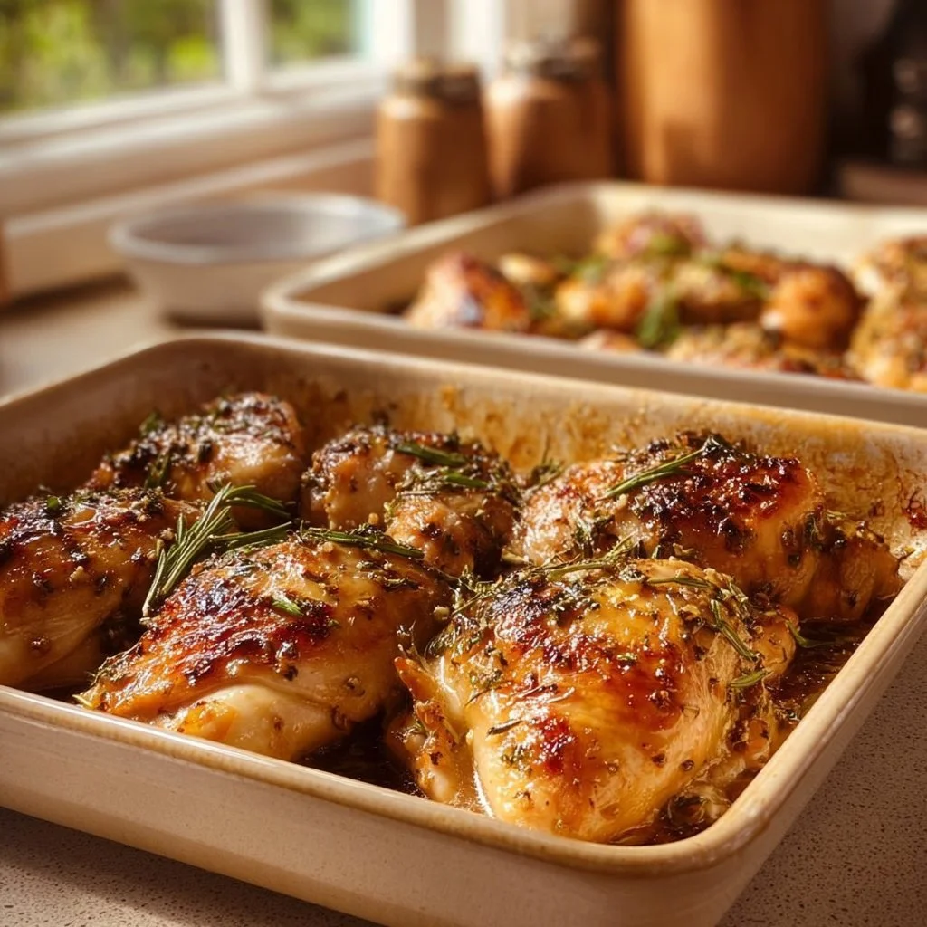 Delicious garlic butter baked chicken garnished with herbs on a plate.