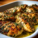 Garlic Butter Baked Chicken Breast served on a plate with herbs and lemon