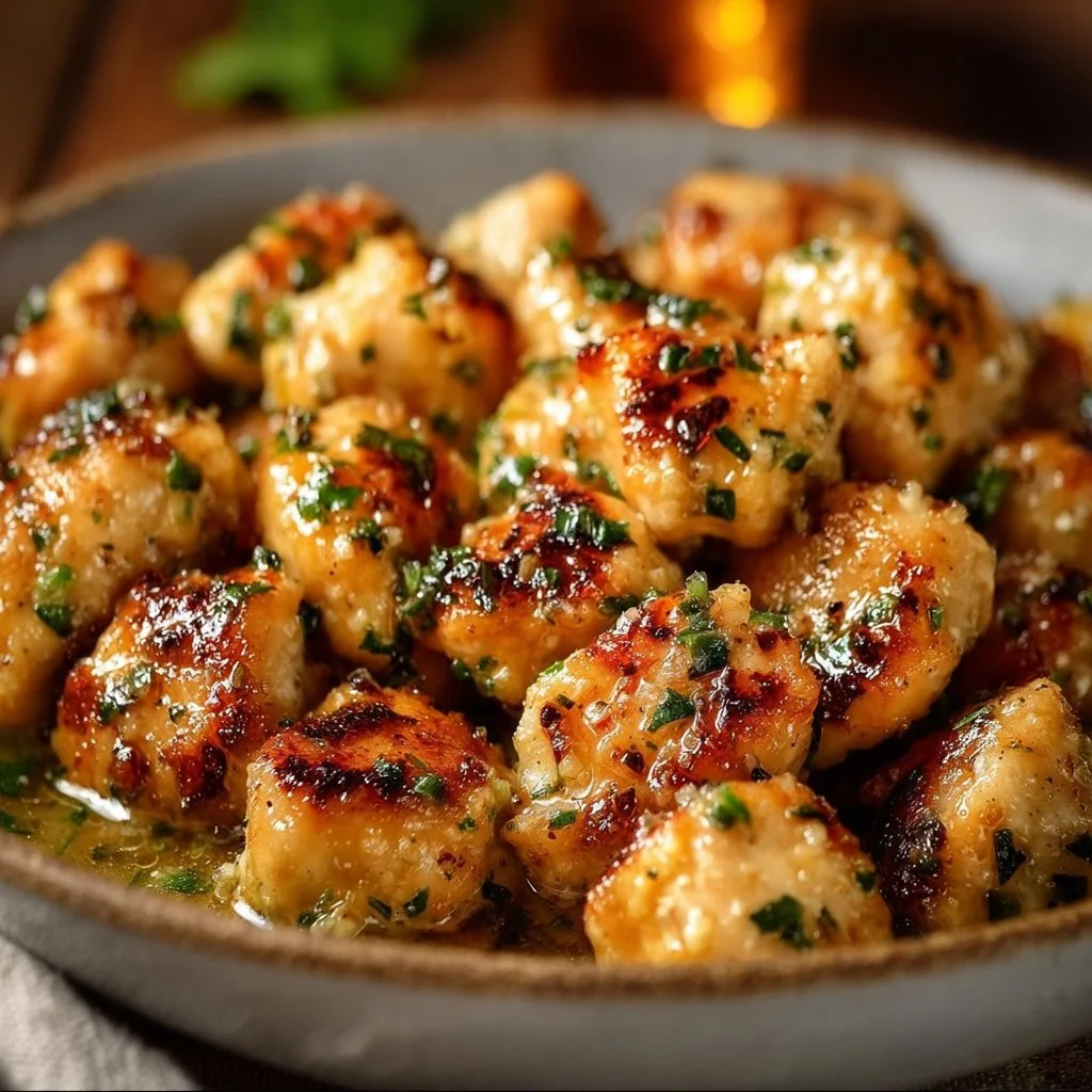Plate of Garlic Butter Chicken Bites garnished with herbs