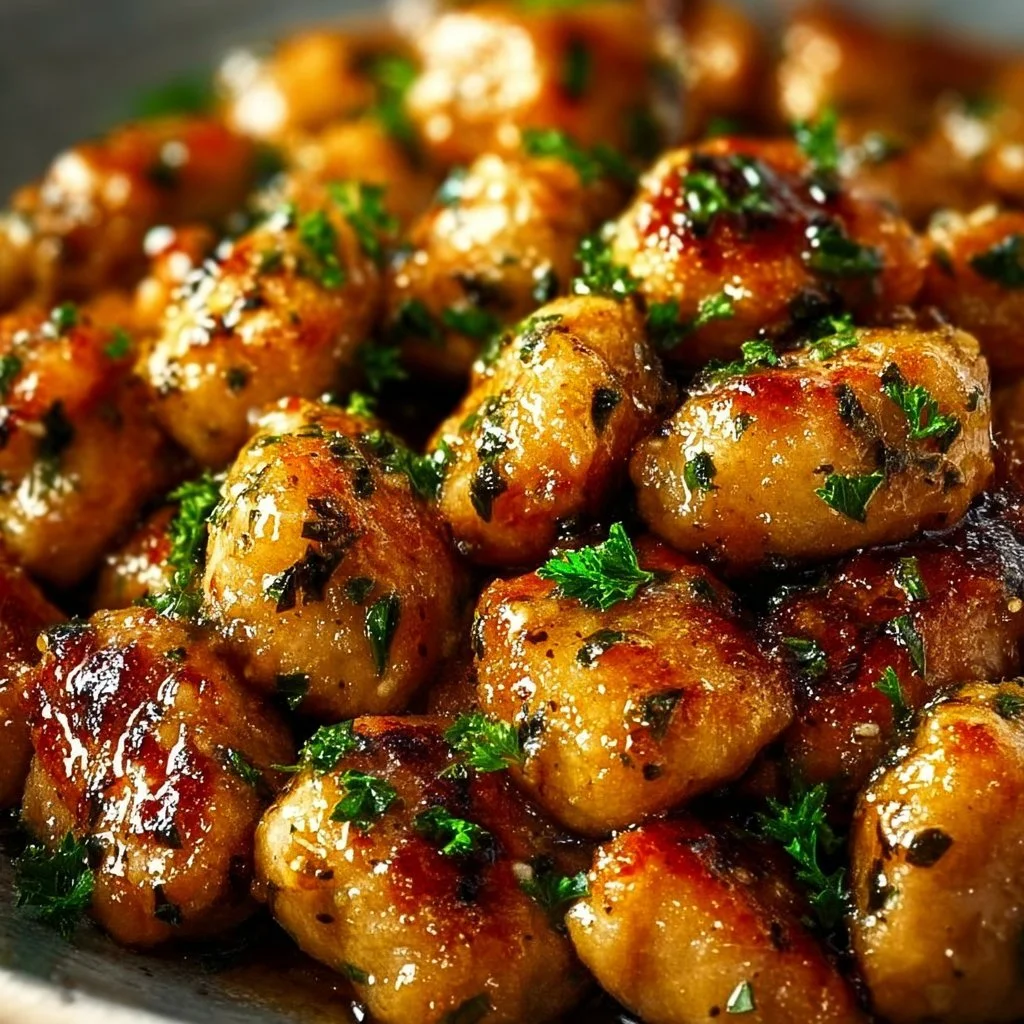 Delicious Garlic Butter Chicken Bites served on a plate with herbs.