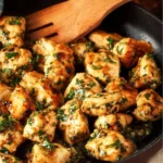 Delicious Garlic Butter Chicken Bites served on a plate with herbs.
