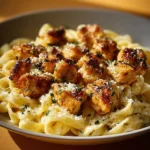 Plate of Garlic Butter Chicken Bites with creamy Parmesan pasta garnished with herbs