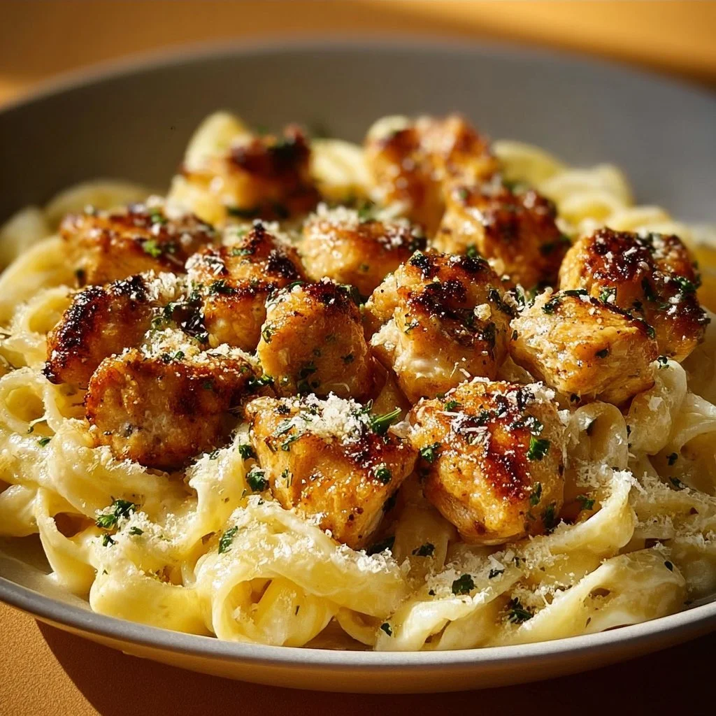 Plate of Garlic Butter Chicken Bites with creamy Parmesan pasta garnished with herbs