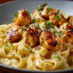 Garlic Butter Chicken Bites with Creamy Parmesan Pasta served in a bowl