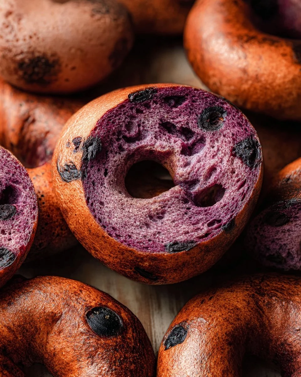 Homemade blueberry bagels with fresh blueberries and a shiny crust