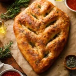 Freshly baked homemade Fougasse bread with herbs and toppings