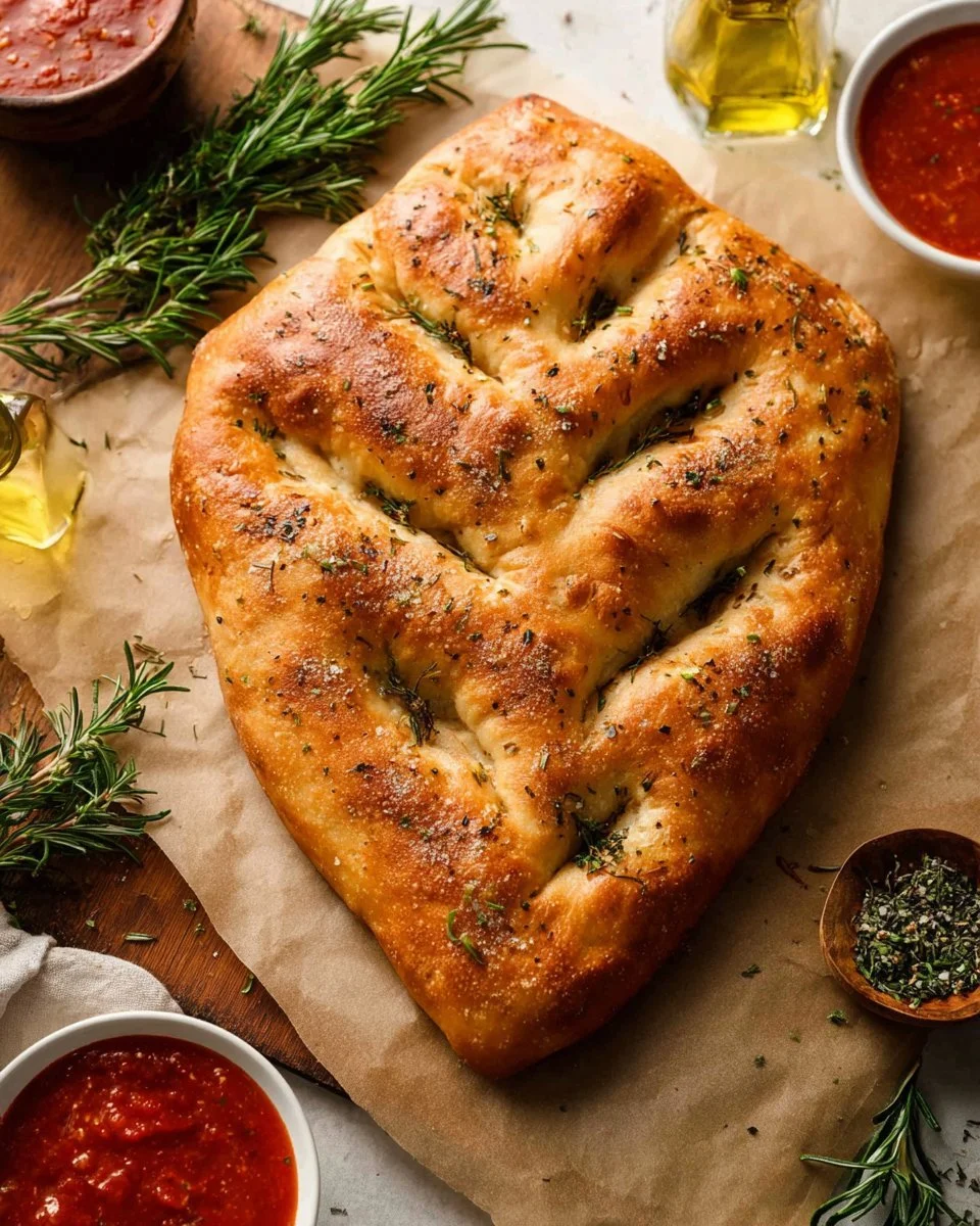 Freshly baked homemade Fougasse bread with herbs and toppings