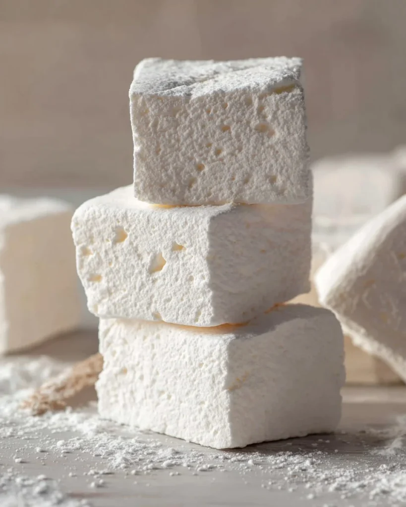 A tray of fluffy homemade marshmallows dusted with powdered sugar.