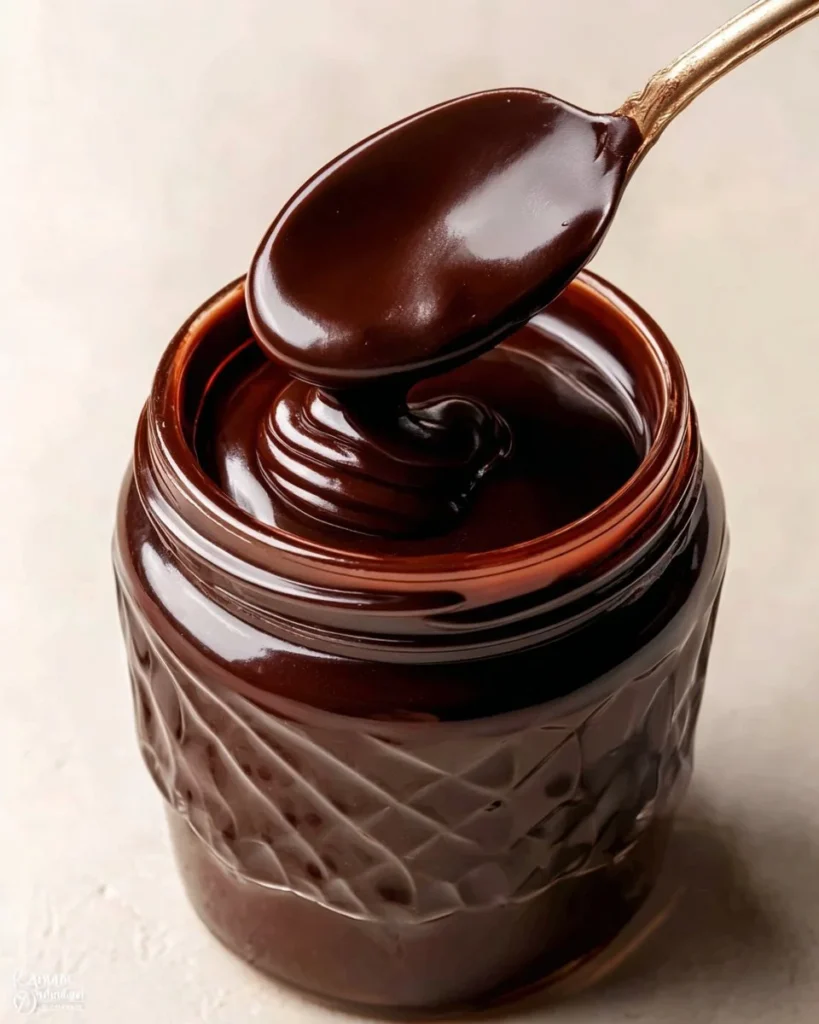 Delicious homemade hot fudge sauce poured over ice cream