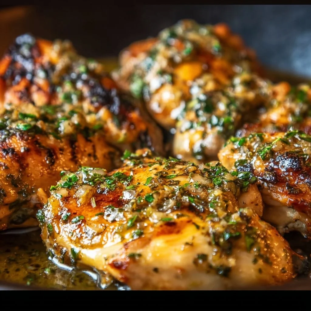Juicy garlic butter chicken served on a plate with parsley garnish