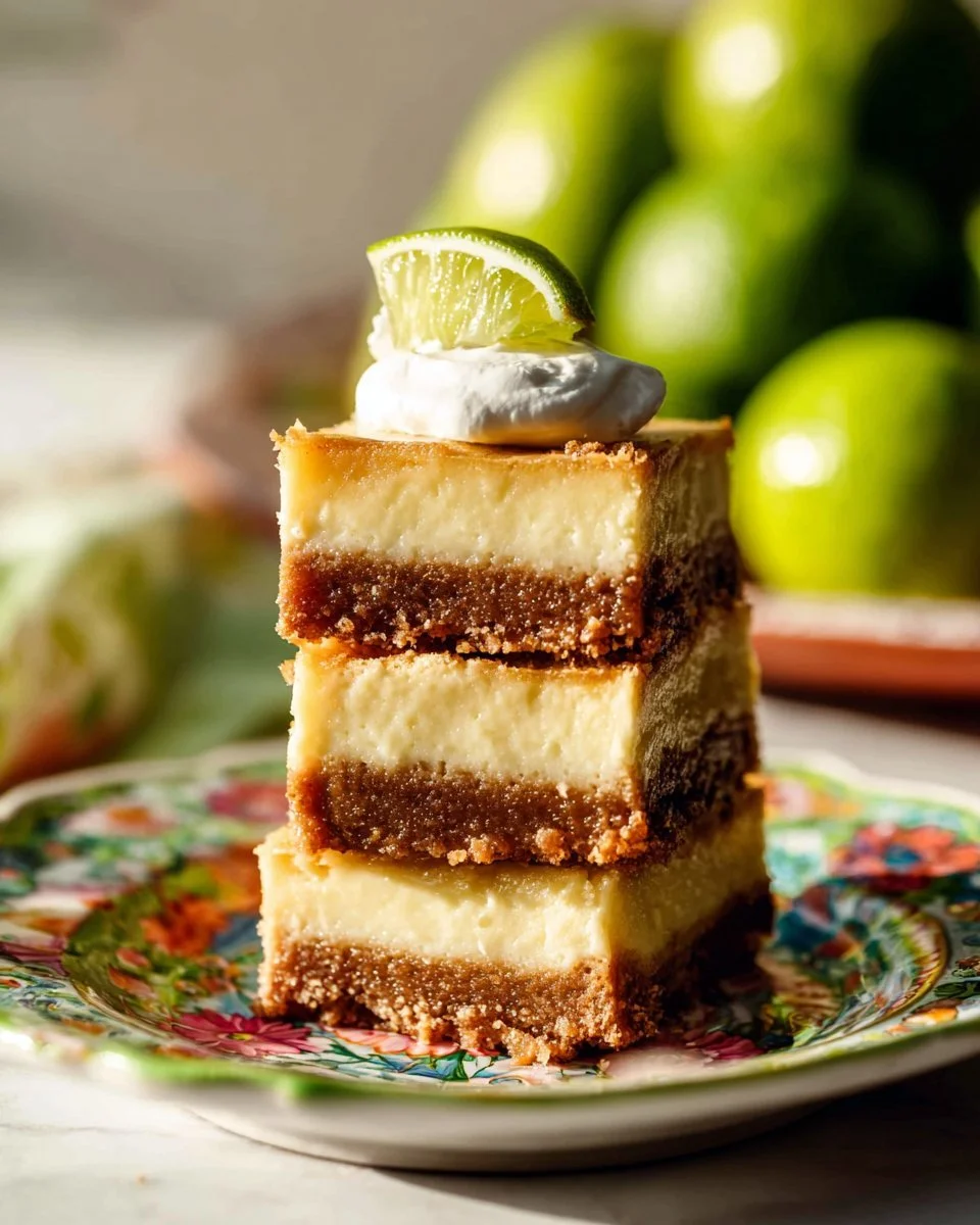 Key Lime Cheesecake Bars with a creamy filling and lime zest on top