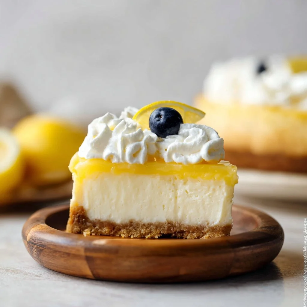 Delicious slice of Lemon Cheesecake on a plate with lemon garnish.