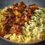 Plate of Lemon Garlic Butter Chicken served with creamy Parmesan pasta