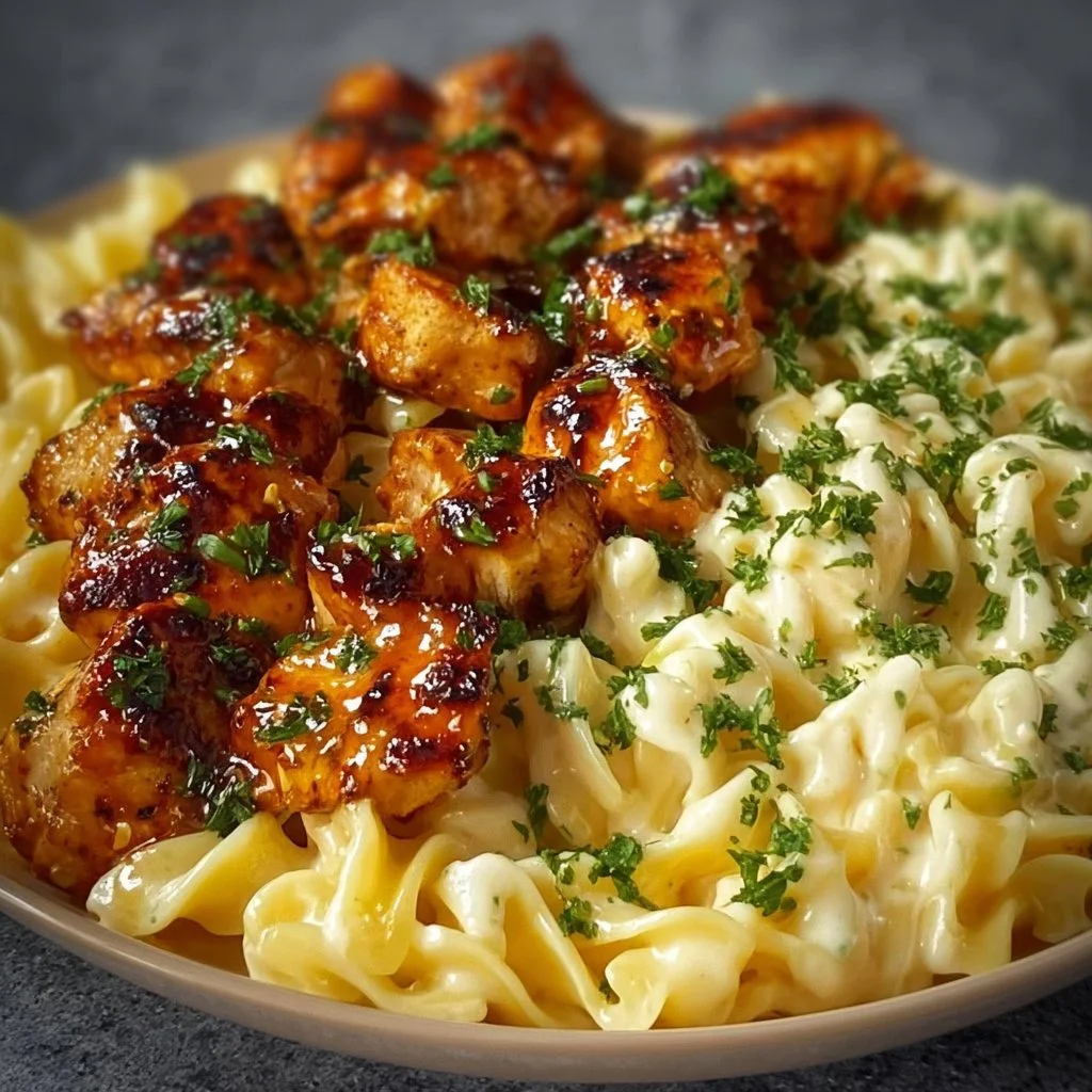 Plate of Lemon Garlic Butter Chicken served with creamy Parmesan pasta