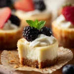 Delicious mini cheesecakes topped with fresh fruit and whipped cream.