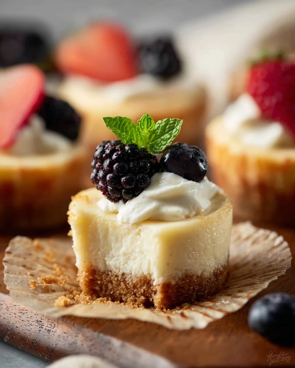 Delicious mini cheesecakes topped with fresh fruit and whipped cream.
