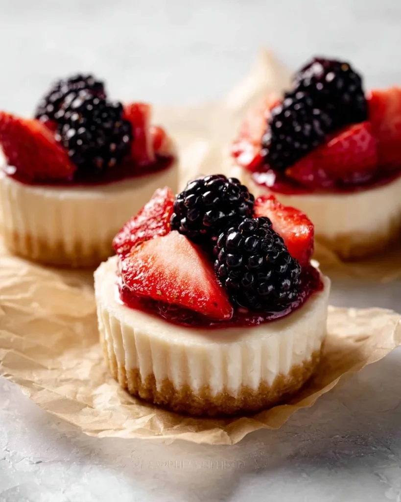 Delicious mini cheesecakes topped with fresh fruit on a white plate
