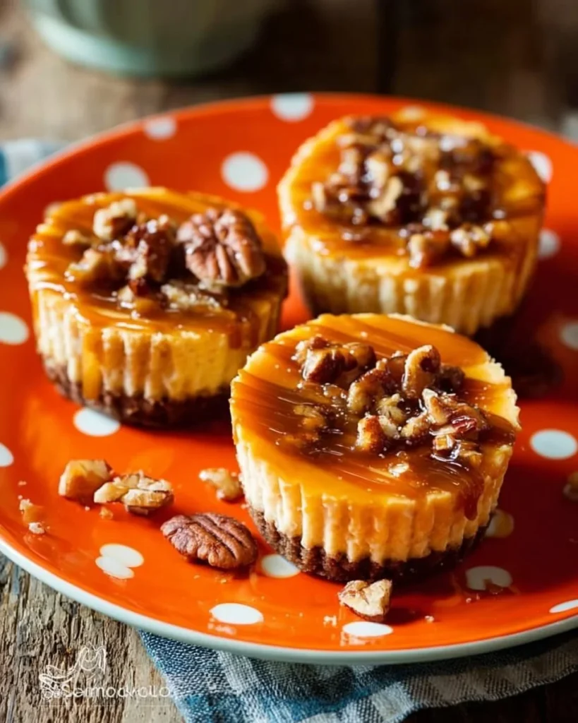 Mini pumpkin cheesecakes topped with gingersnap crust and whipped cream