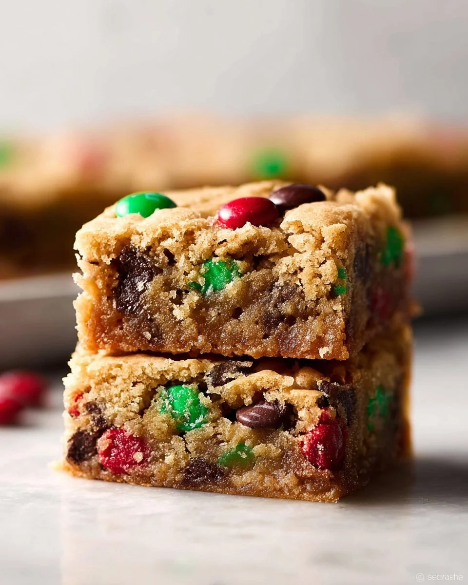 Delicious M&M chocolate chip bars dessert with chocolate chips and colorful M&Ms