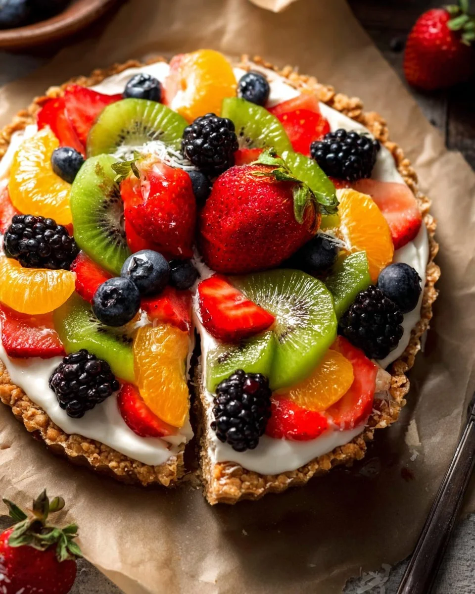 Delicious no-bake yogurt tart topped with fresh fruits and a creamy filling