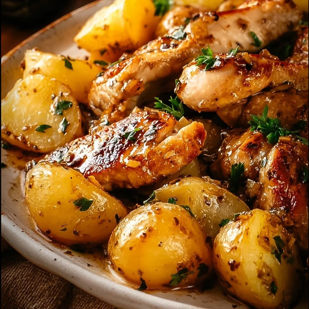 One-Pan Garlic Butter Chicken and Potatoes served on a plate
