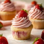 Delicious strawberry cupcakes topped with strawberry buttercream frosting