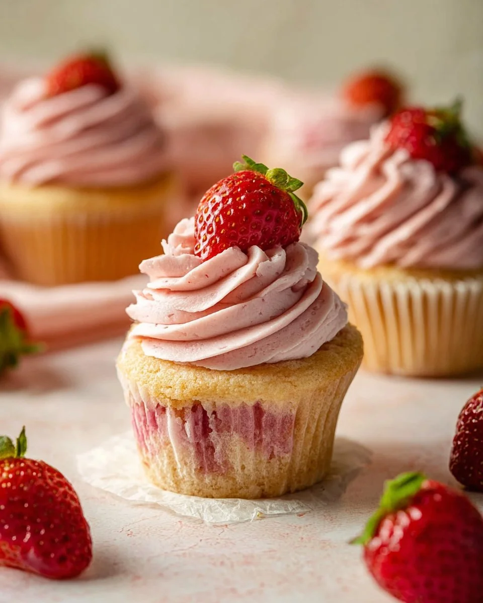 Delicious strawberry cupcakes topped with strawberry buttercream frosting