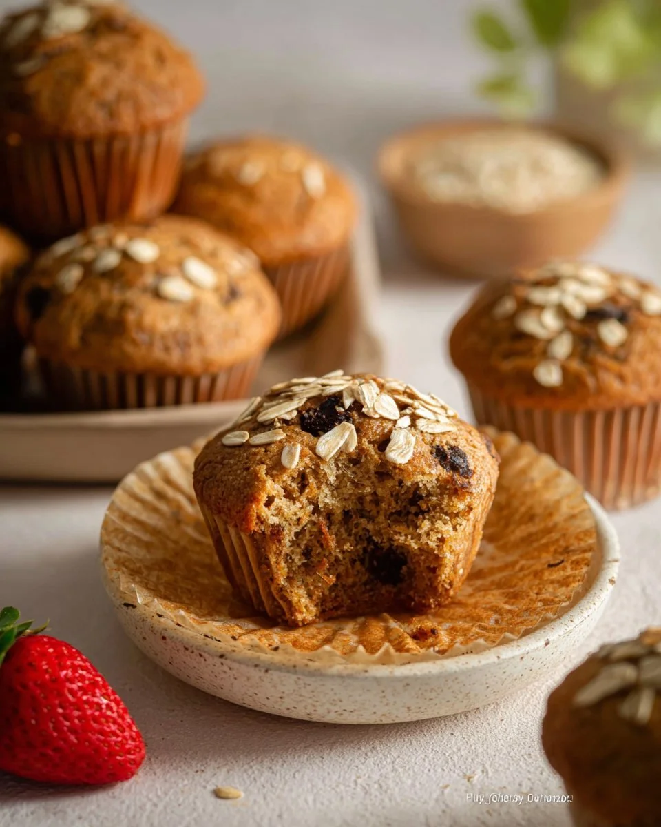 Whole wheat oat muffins freshly baked and displayed on a wooden table.