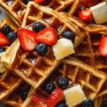 A stack of golden brown whole wheat waffles topped with fresh berries and syrup.