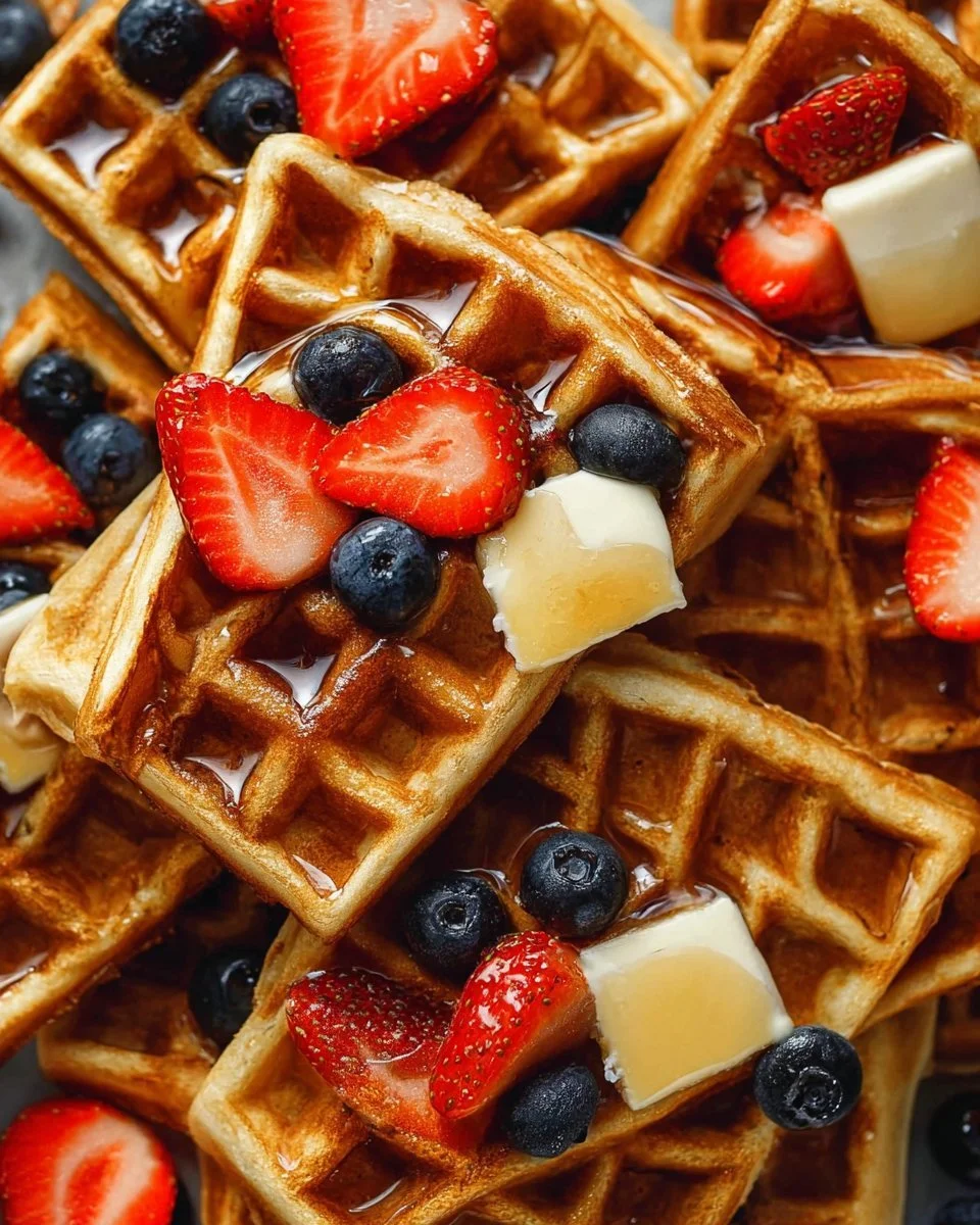A stack of golden brown whole wheat waffles topped with fresh berries and syrup.