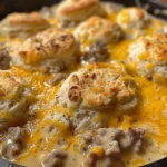 Delicious Biscuits Gravy Hashbrown Bake topped with savory gravy and golden biscuits