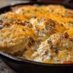 Biscuits Gravy Hashbrown Bake topped with creamy sausage gravy and crispy hashbrowns