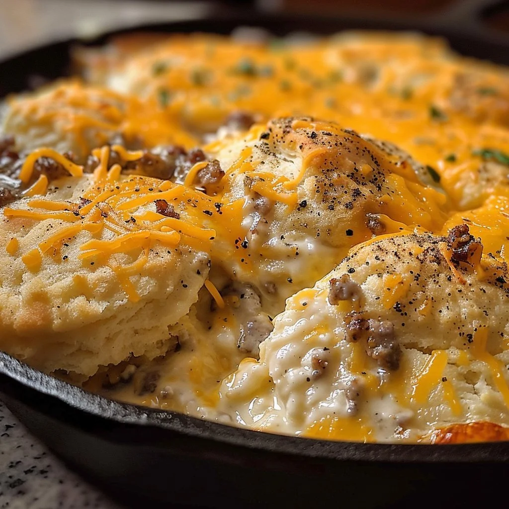 Biscuits Gravy Hashbrown Bake topped with creamy sausage gravy and crispy hashbrowns