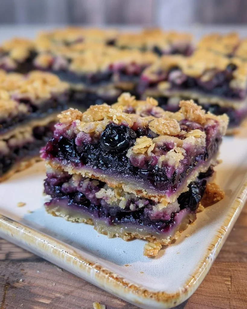 Delicious blueberry crumble bars on a plate with fresh blueberries