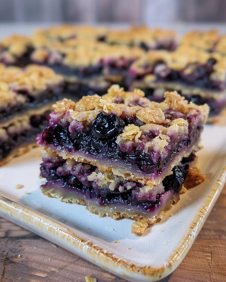 Delicious blueberry crumble bars on a plate with fresh blueberries