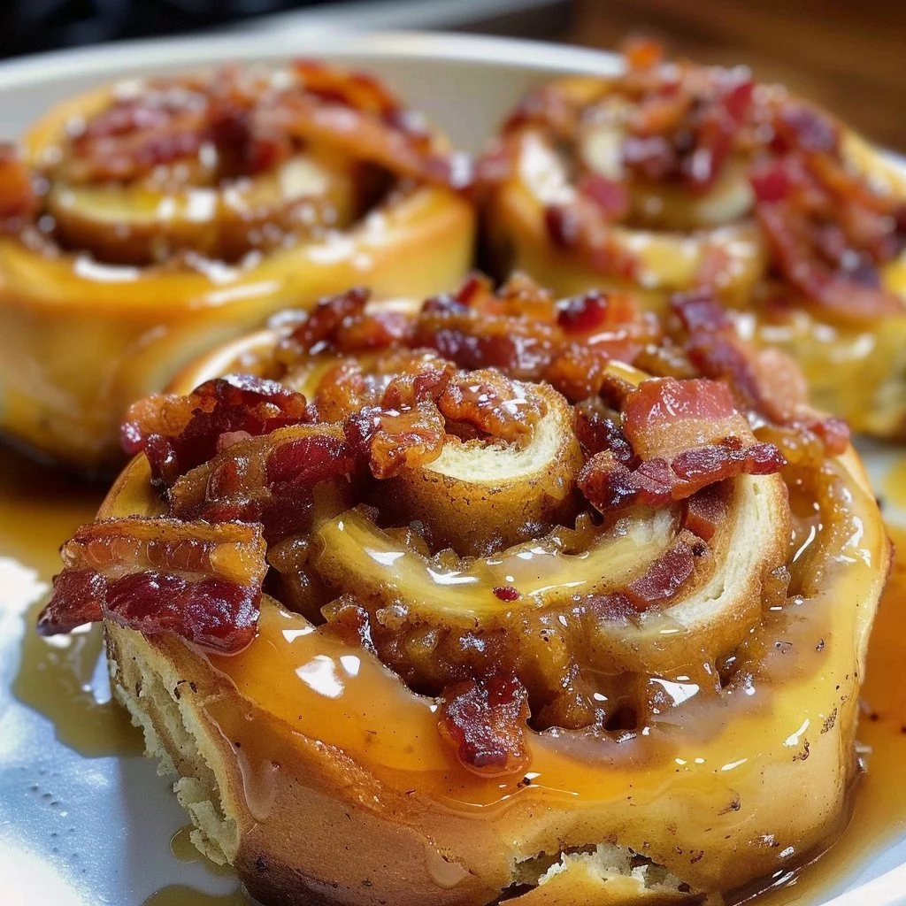 Delicious Bourbon Maple Bacon Cinnamon Rolls drizzled with maple syrup