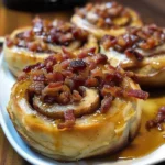 Delicious Bourbon Maple Bacon Cinnamon Rolls drizzled with frosting