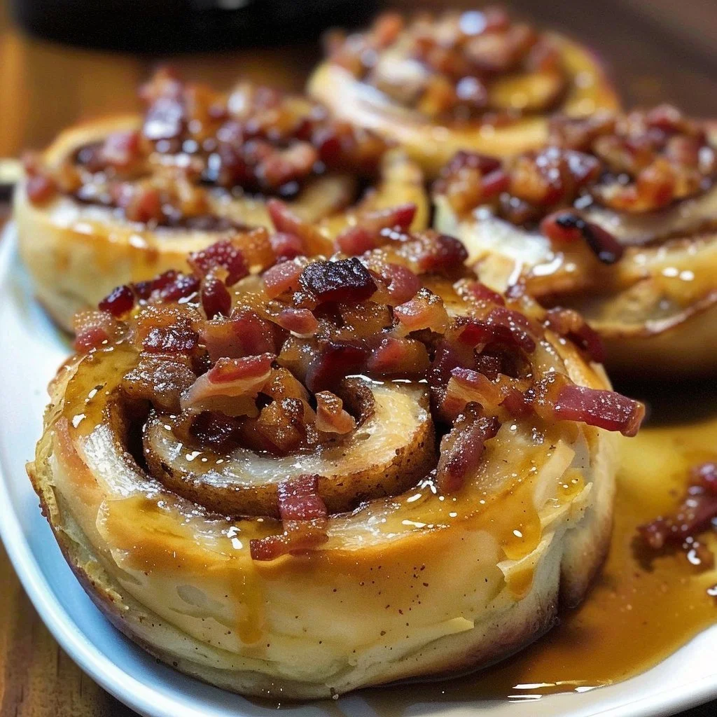 Delicious Bourbon Maple Bacon Cinnamon Rolls drizzled with frosting
