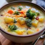 Delicious bowl of creamy broccoli potato soup topped with herbs