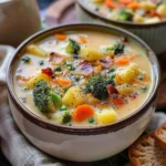 Bowl of creamy broccoli potato soup garnished with fresh herbs.
