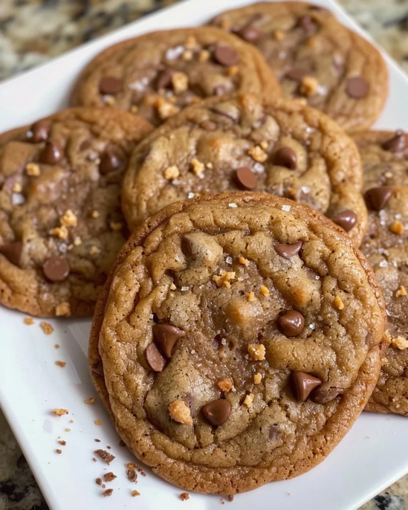 Brown butter espresso toffee chocolate chip cookies on a plate