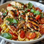 Delicious bruschetta chicken served over pasta with fresh tomato and basil.